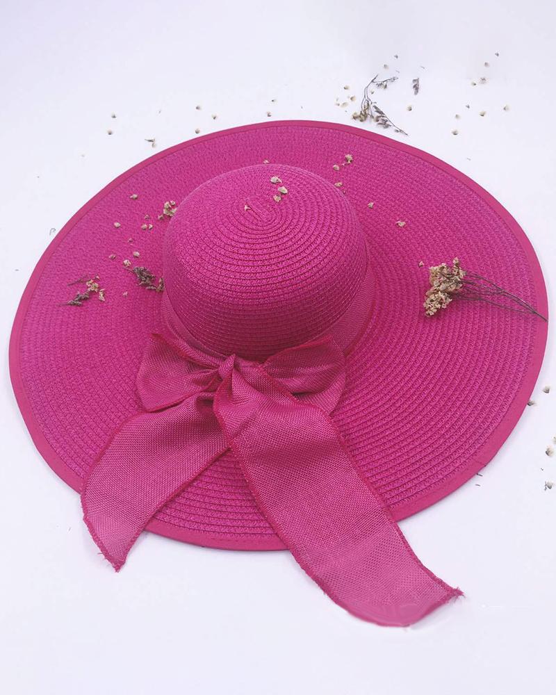 

Bowknot Decor Wide Brim Straw Hat, Hot pink