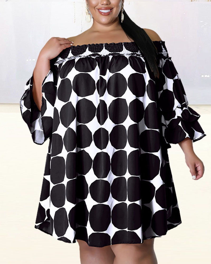 

Plus Size Polka Dot Print Off Shoulder Swing Dress, Black