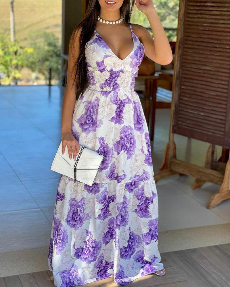 

Floral Print Shirred Waist Cami Maxi Dress, Purple