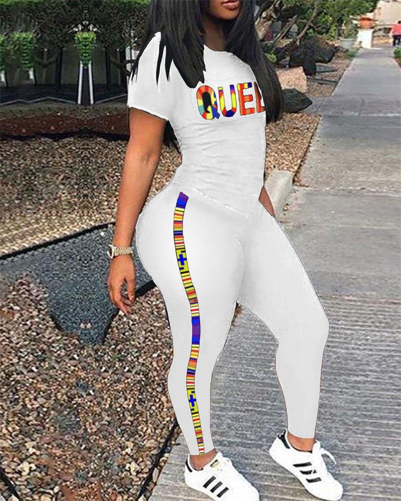 

Plus Size Letter Print Casual Top & Pants Set, White