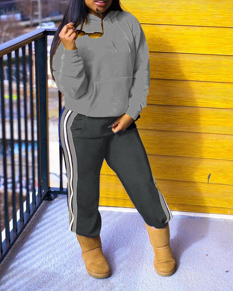 

Pocket Design Long Sleeve Hoodie & Striped Tape Pants Set, Gray