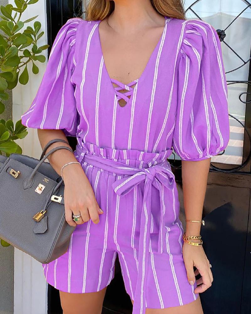 

Striped Print Puff Lantern Sleeve Top & Frill Hem Shorts Set, Purple