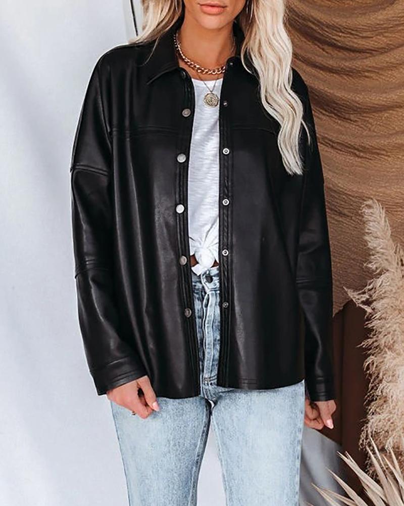 

Long Sleeve Buttoned PU Leather Coat, Black