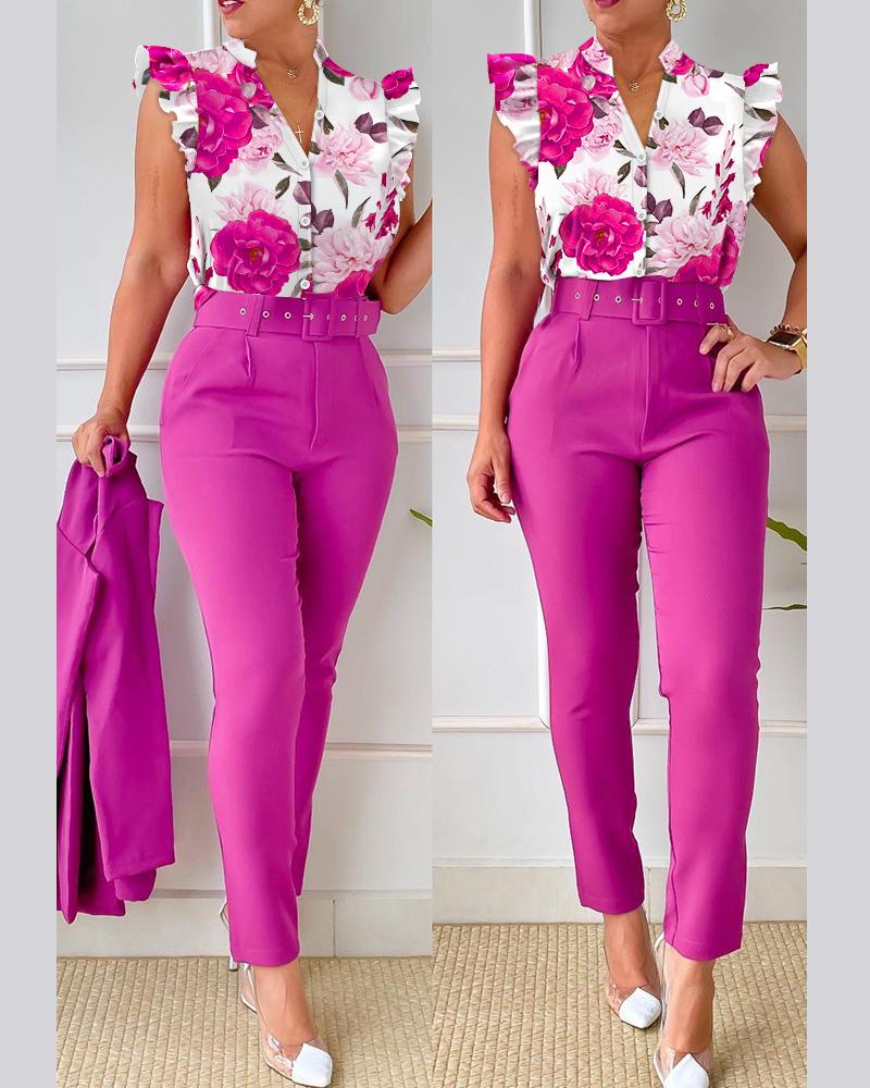 Floral Print Halter Tank Top & High Waist Pants Set With Belt