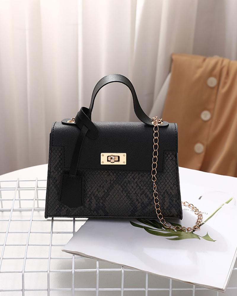 

Snakeskin Twist Lock Square Satchel Bag, Black