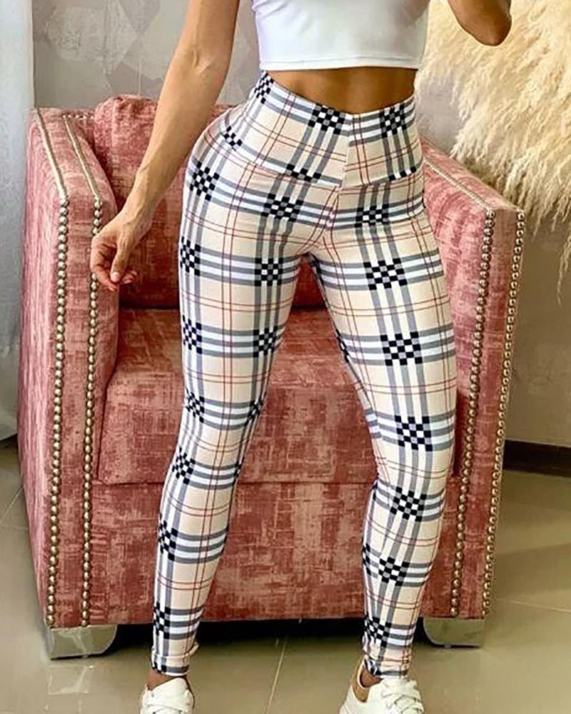 

High Waist Plaid Print Skinny Pants, Apricot