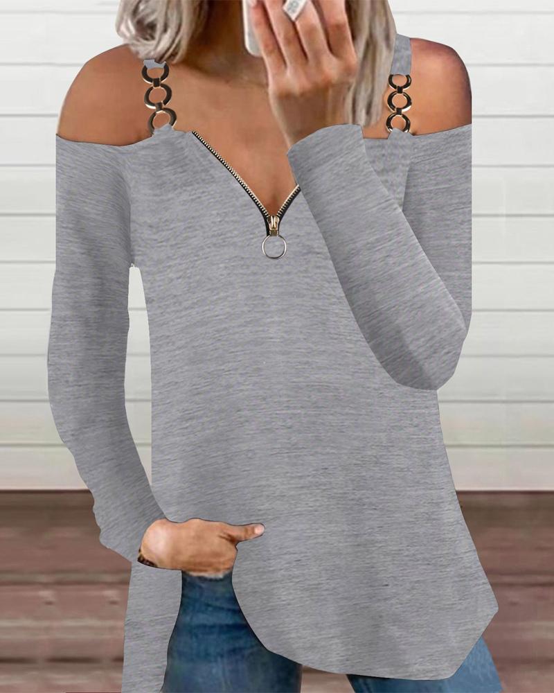

Zipper Front Cold Shoulder Top, Gray