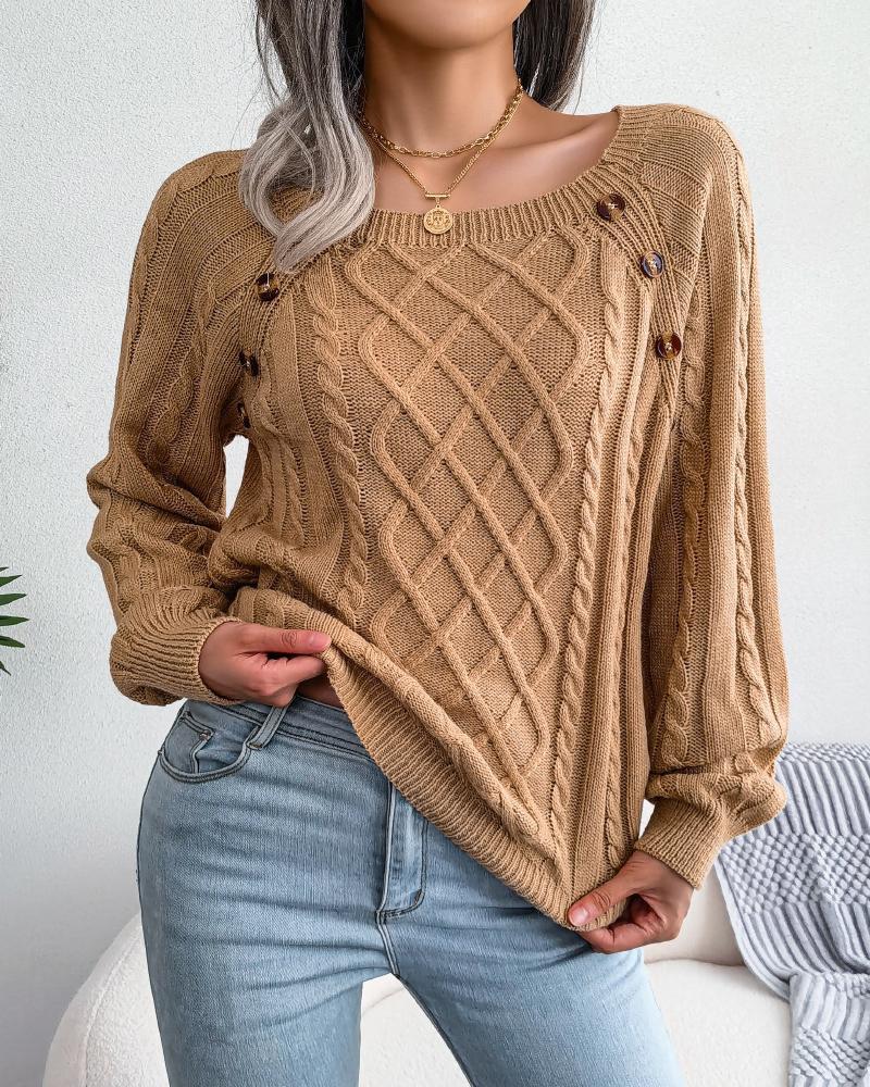 

Long Sleeve Button Decor Cable Knit Sweater, Khaki