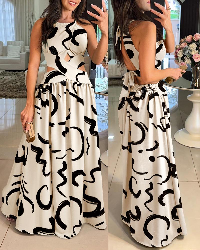 

Robe longue décontractée à imprimé abstrait et dos nu croisé, froncée et ajourée, Apricot