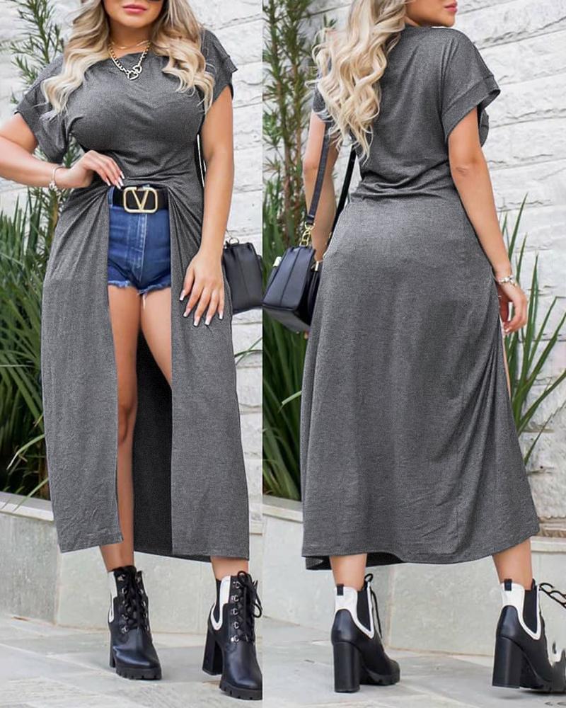 

Front Slit Longline Casual T-Shirt, Gray