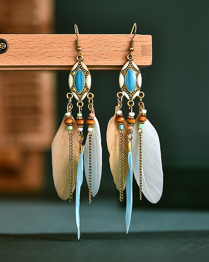 

1Pair Retro Feather Beaded Bohemian Drop Earring, Style2
