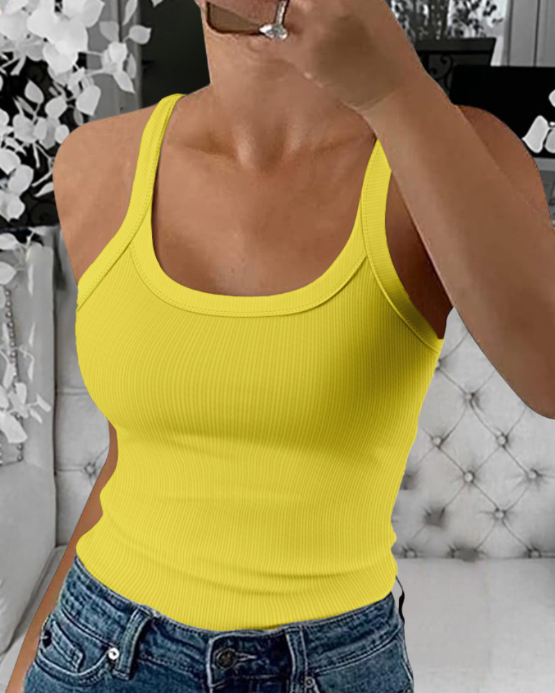 

Top canelado com decote redondo e alças finas, casual, sem mangas, slim fit, regata, Yellow