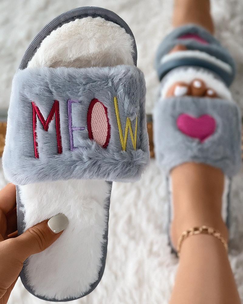 

Letter Heart Pattern Fuzzy Slippers, Gray