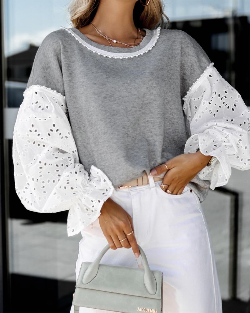

Beaded Decor Patchwork Flounce Sleeve Top, Gray