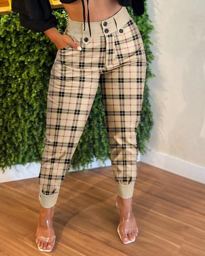 

Plaid Print Buttoned Detail High Waist Pants, Khaki