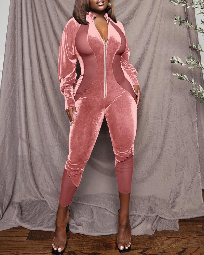 

Sheer Mesh Patch Zipper Design Jumpsuit, Pink