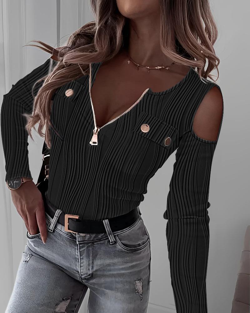 

Cold Shoulder Zipper Design Buttoned Textured Top, Black