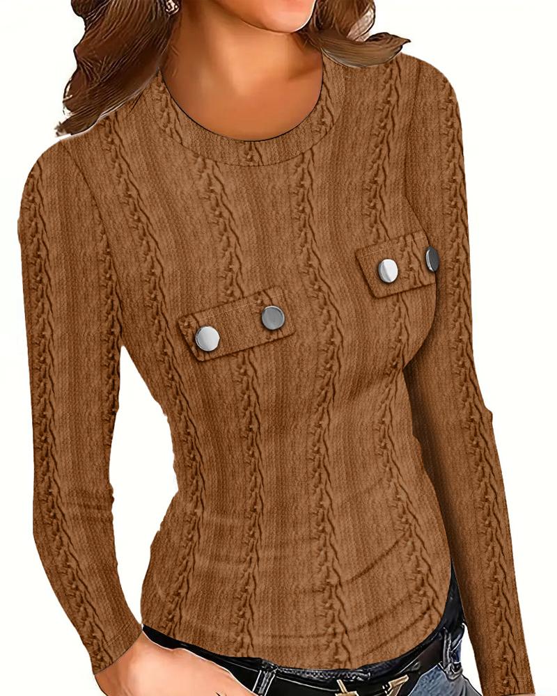 

Round Neck Long Sleeve Buttoned Textured Top, Coffee