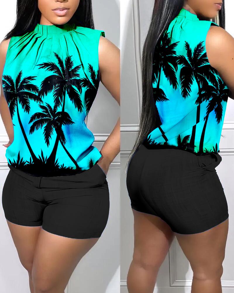 Coconut Tree Print Ruched Tank Top & Pocket Design Shorts Set