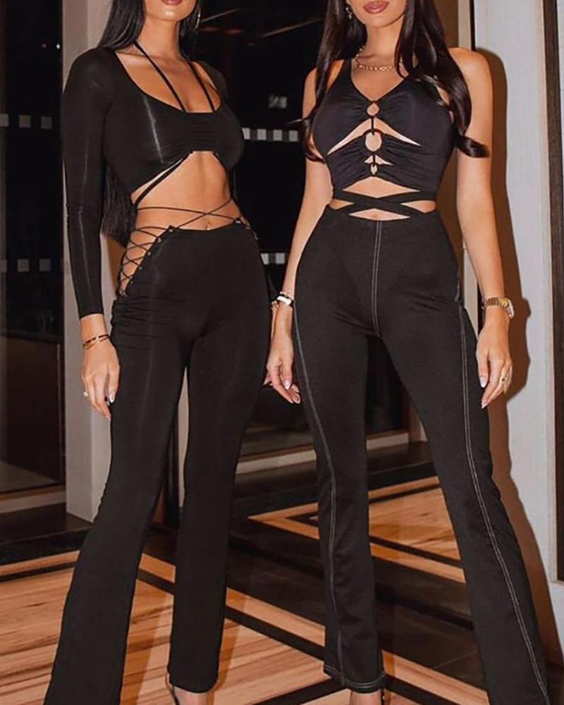 

Drawstring Ruched Long Sleeve Top & Eyelet Lace Up Pants Set, Black