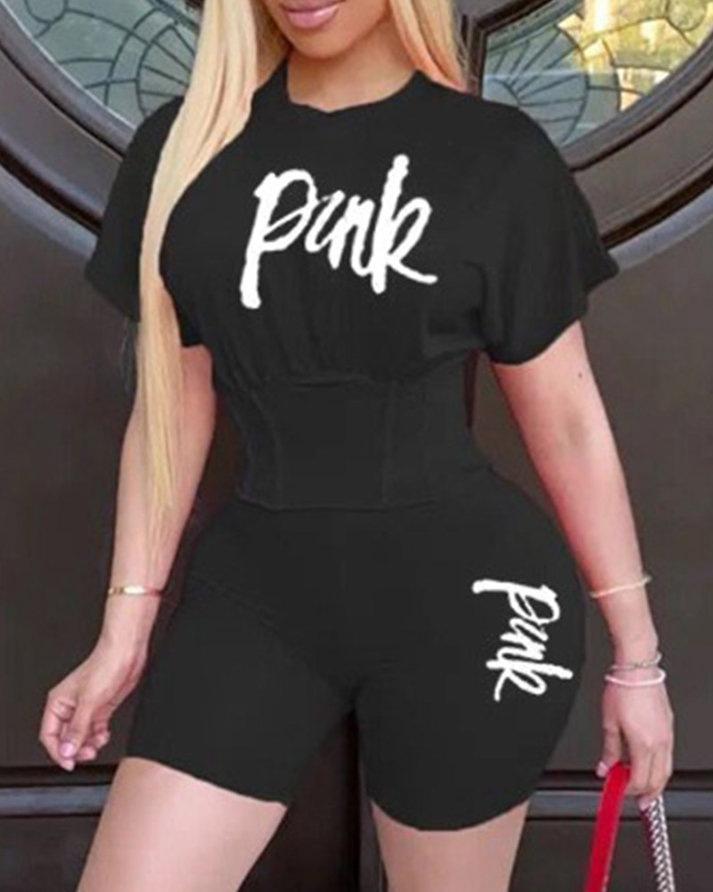 

Letter Print Skinny Short Sleeve T-shirt With Short Pants Suit Sets, Black