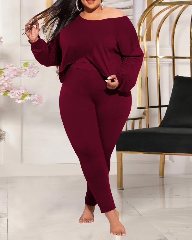 

Plus Size Long Sleeve Asymmetrical Hem Top & Pants Set, Wine red