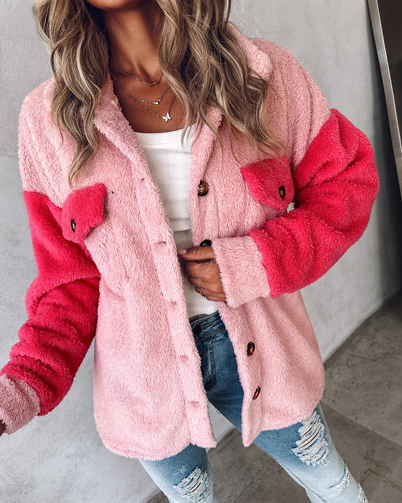 

Colorblock Print Fleece Teddy Jacket Shacket, Pink