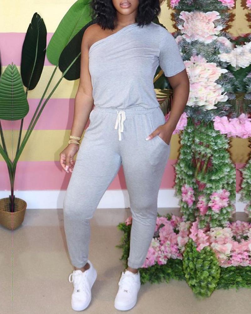 

One Shoulder Pocket Detail Drawstring Jumpsuit, Gray