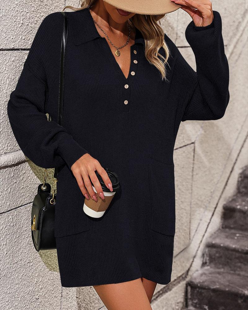 

Turn-down Collar Pocket Design Buttoned Sweater, Black