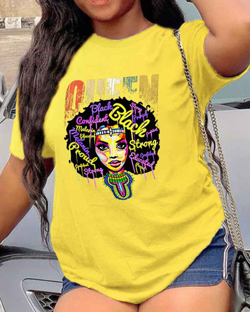 

Cartoon & Letter Print Short Sleeve T-shirt, Yellow