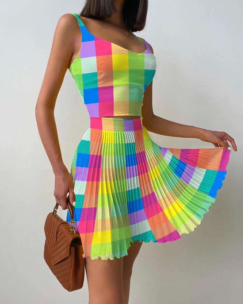 

Plaid Print Sleeveless Top & Pleated Skirt Set, Multicolor