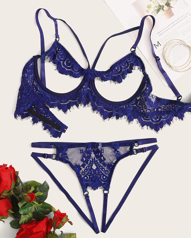 

Eyelash Crochet Lace Cutout Open Breast Lingerie Set, Blue