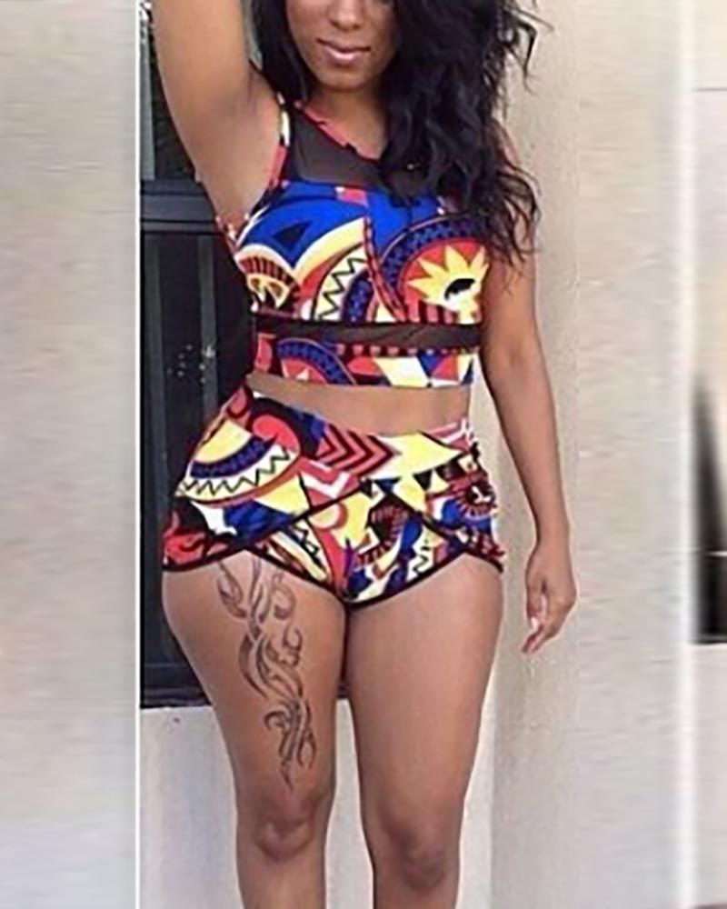 

All Over Print Splicing Mesh Cropped Top With Short Pants Bikini Sets, Multicolor