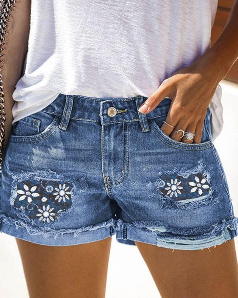 

Floral Print Patchwork Ripped Denim Shorts, Blue