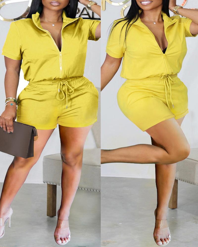 

Plus Size Zip Up Top & Drawstring Shorts Set, Yellow
