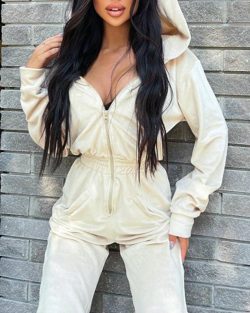 

Long Sleeve Zip Front Velvet Hooded Jumpsuit, Beige