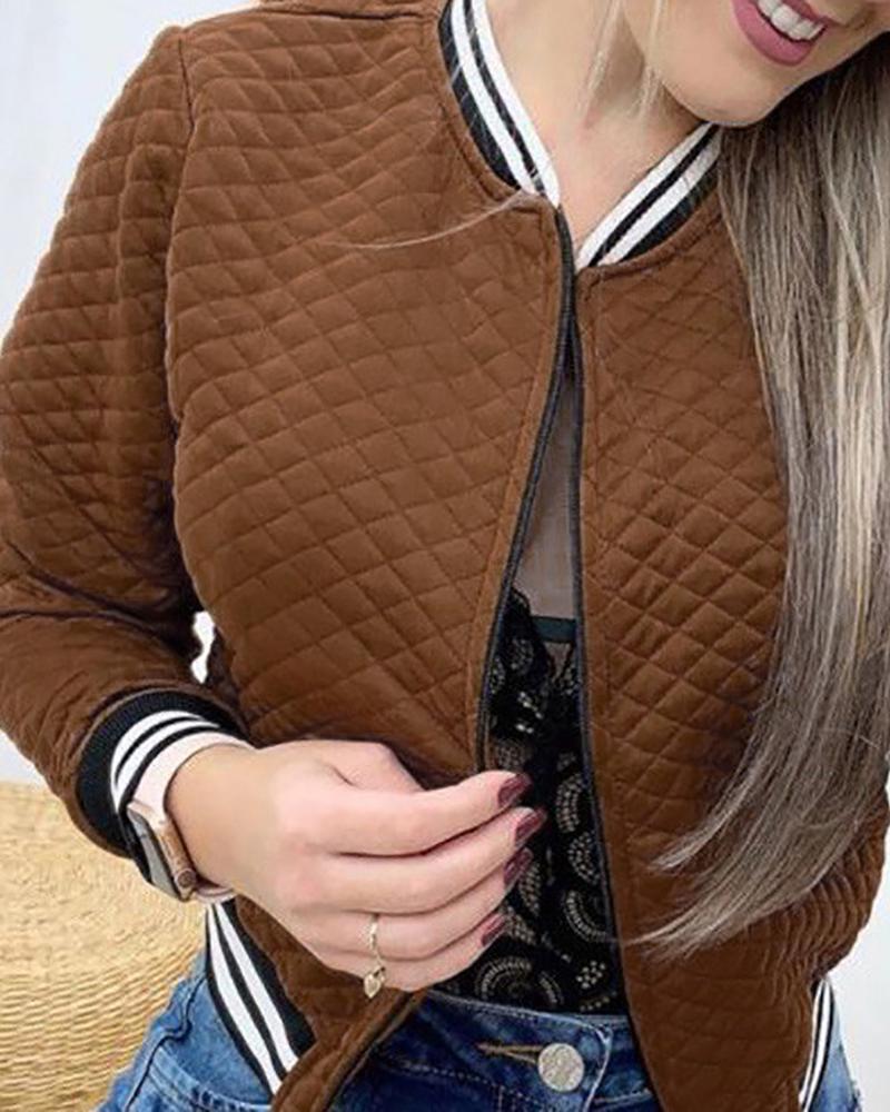 

Quilted Long Sleeve Zipper Design Baseball Jacket, Brown