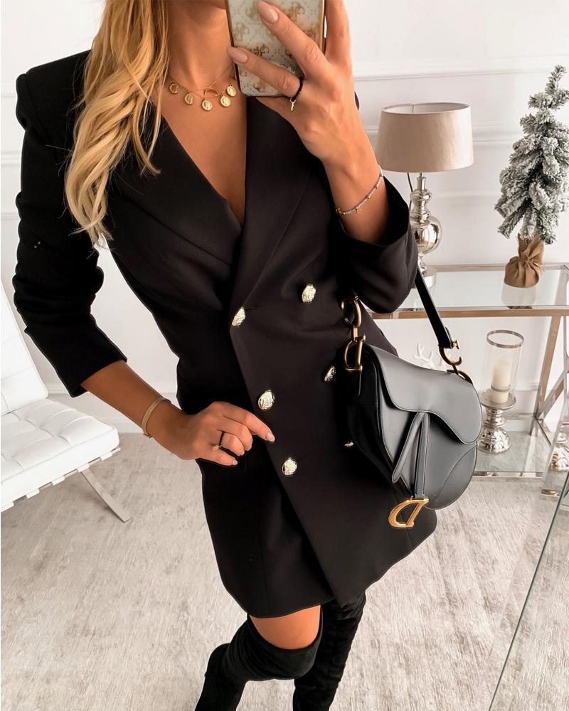 

Long Sleeve Lapel Collar Double Breasted Blazer, Black