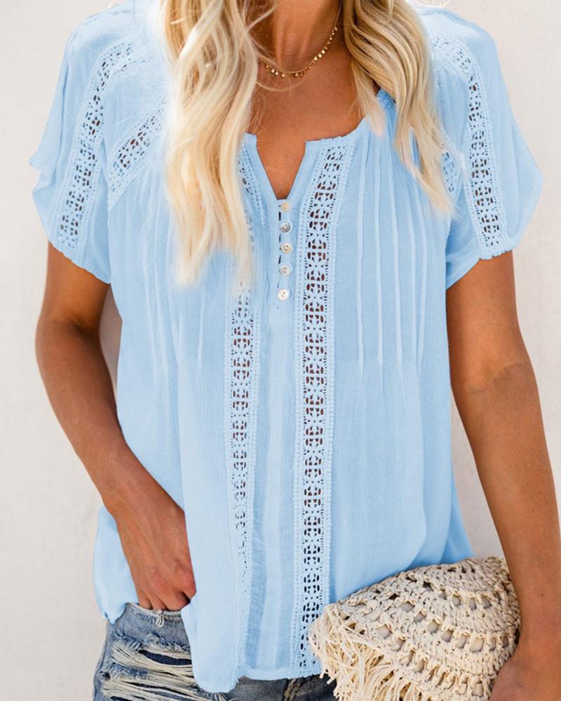 

Plain Hollow Out Lace Button Design Top, Blue