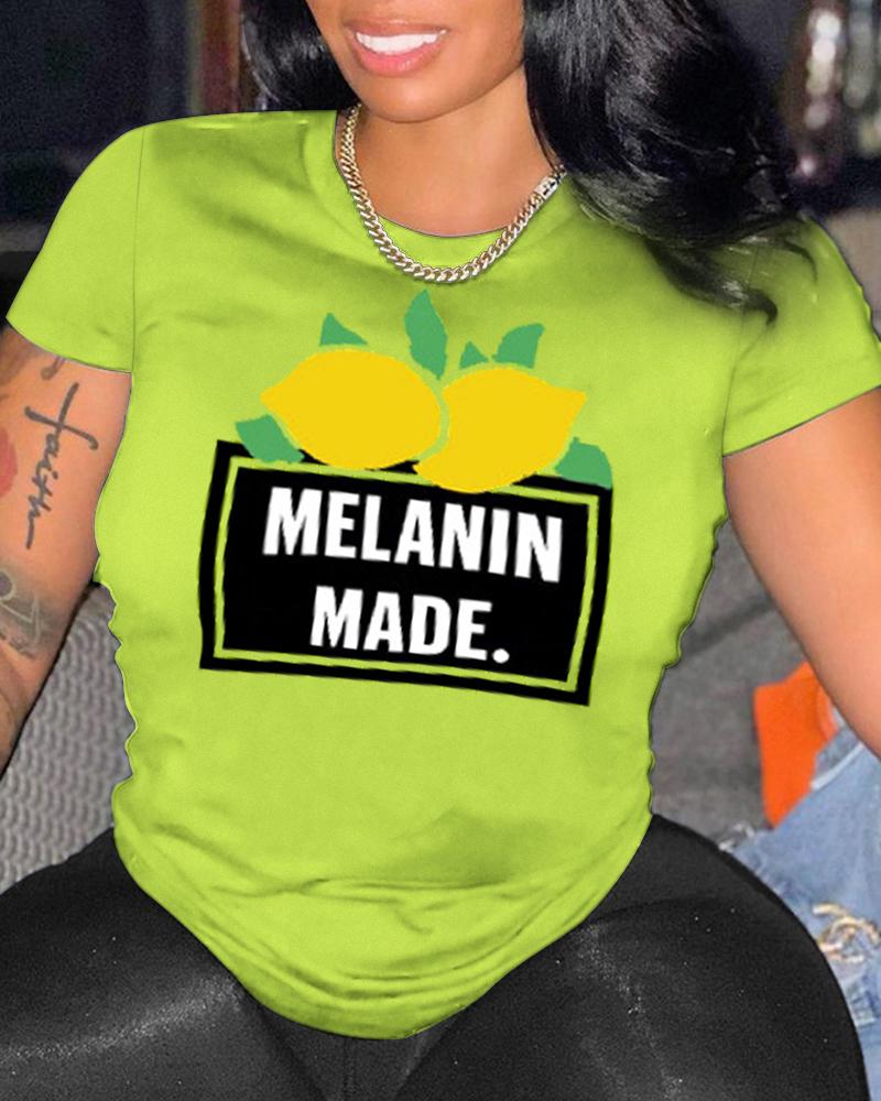 

Letter Lemon Print Casual T-shirt, Green