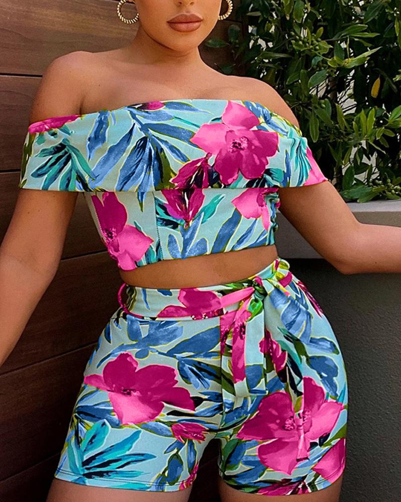 

Tropical Print Off Shoulder Crop Top & Belted Shorts Set, Blue