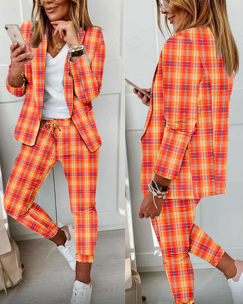 

Plaid Print Long Sleeve Blazer & Pants Set, Orange