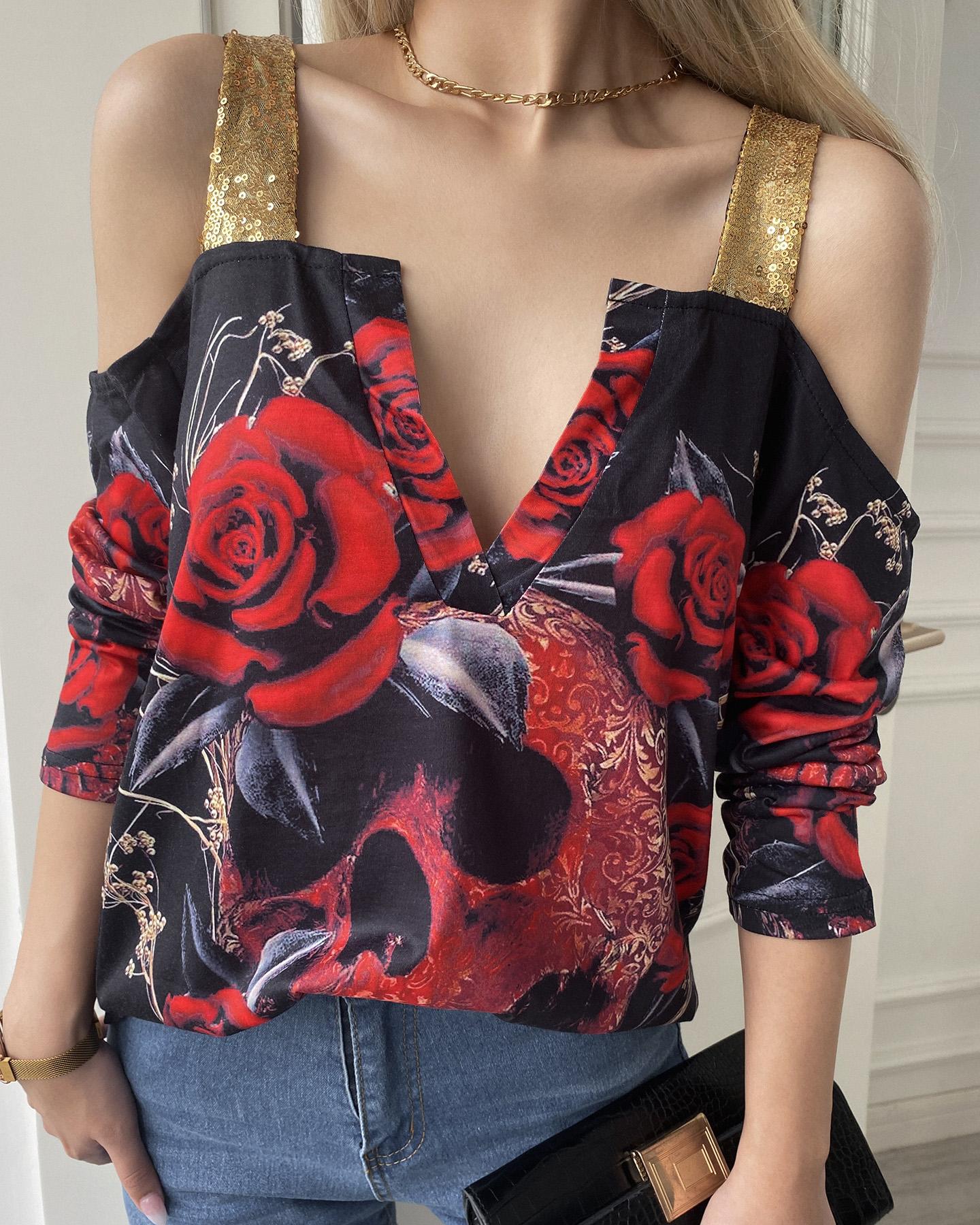 

Cold Shoulder V-Cut Rose Print Long Sleeve Blouse, Red