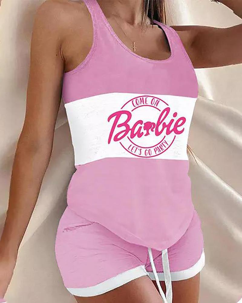 

Come On Barbie Let' Go Party Print Colorblock Drawstring Cami Set, Pink