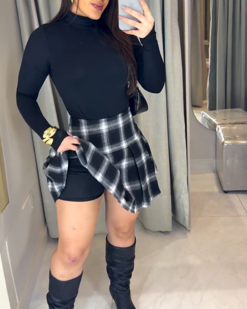 

Conjunto de macacão sem costas com gola alta e manga comprida e saia plissada casual com estampa xadrez, Black