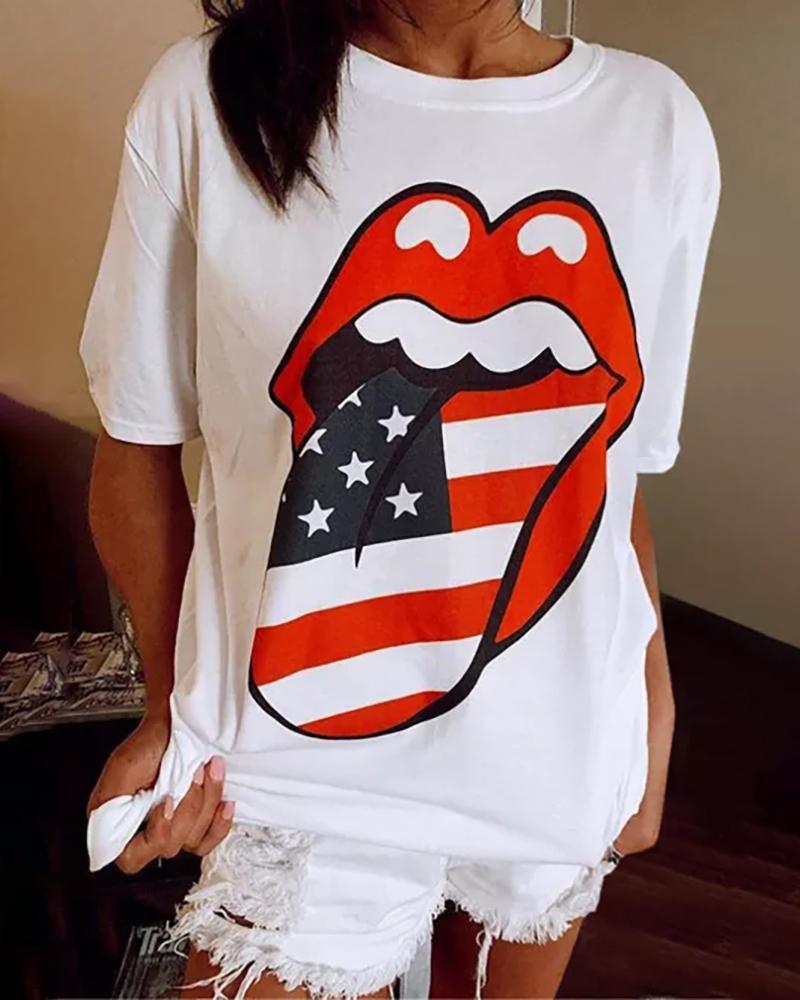 

Lip Flag Print Short Sleeve Casual T-shirt, White