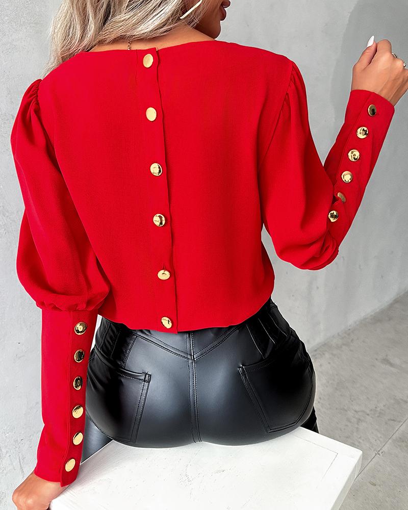 

Button Decor Long Sleeve Top, Red