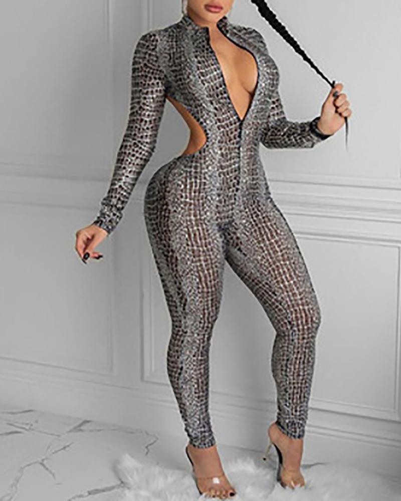 

Snakeskin Print Zipper Design Cutout Backless Jumpsuit, Gray