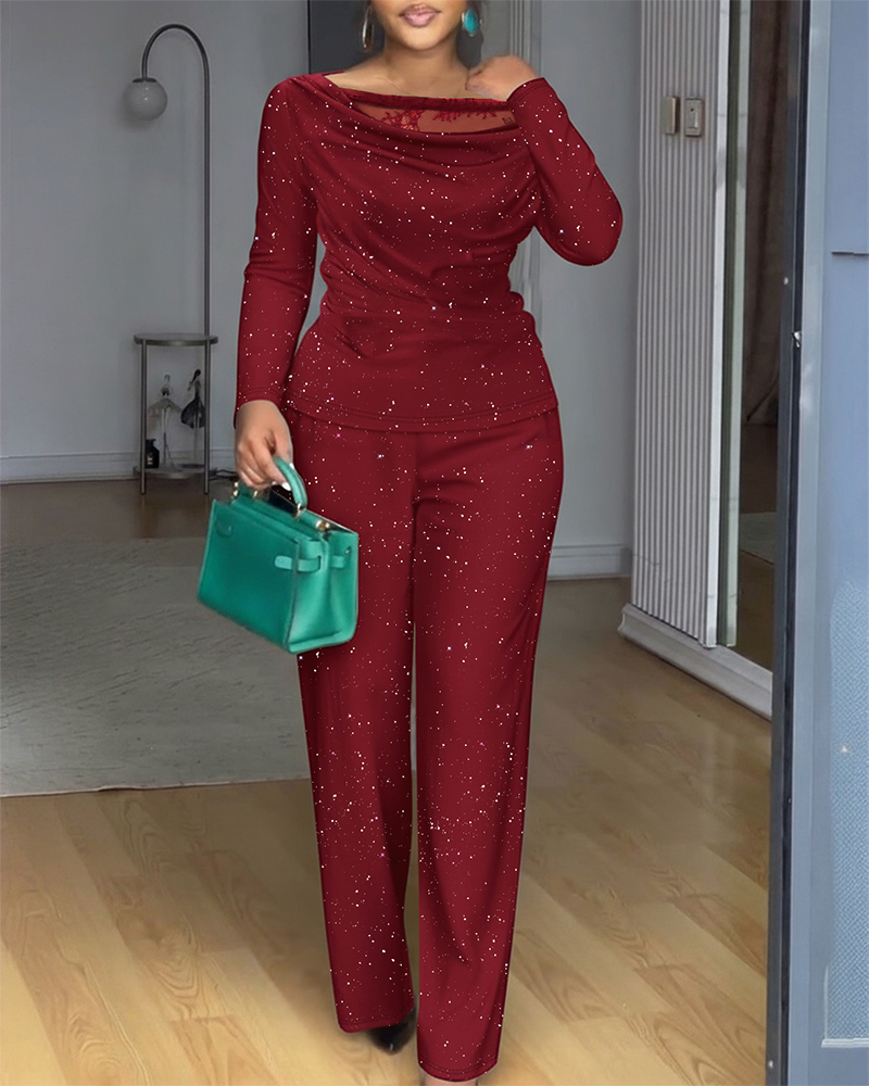 

2 Pieces Outfit Cowl Neck Lace Spliced Long Sleeve Top and Elastic Waist Wide Leg Pants Set Casual Glitter Set, Wine red