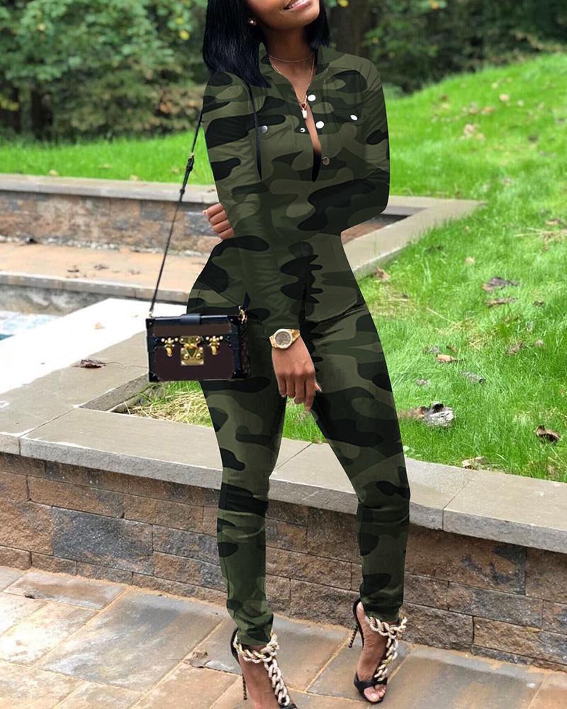 

Camouflage Print Pocket Design Top & Pants Set, Army green